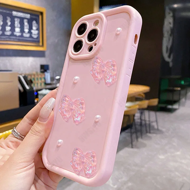 Elegant 3D Crystal Bow Pearl Phone Case with Silicone Cover