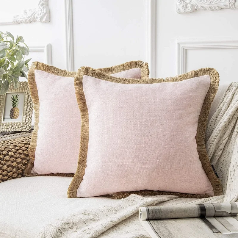 Inyahome Farmhouse Decorative Throw Pillow Cushion Covers Linen Tassel Trimmed Fall Outdoor Pillow Decor Pink Coussin Canapé