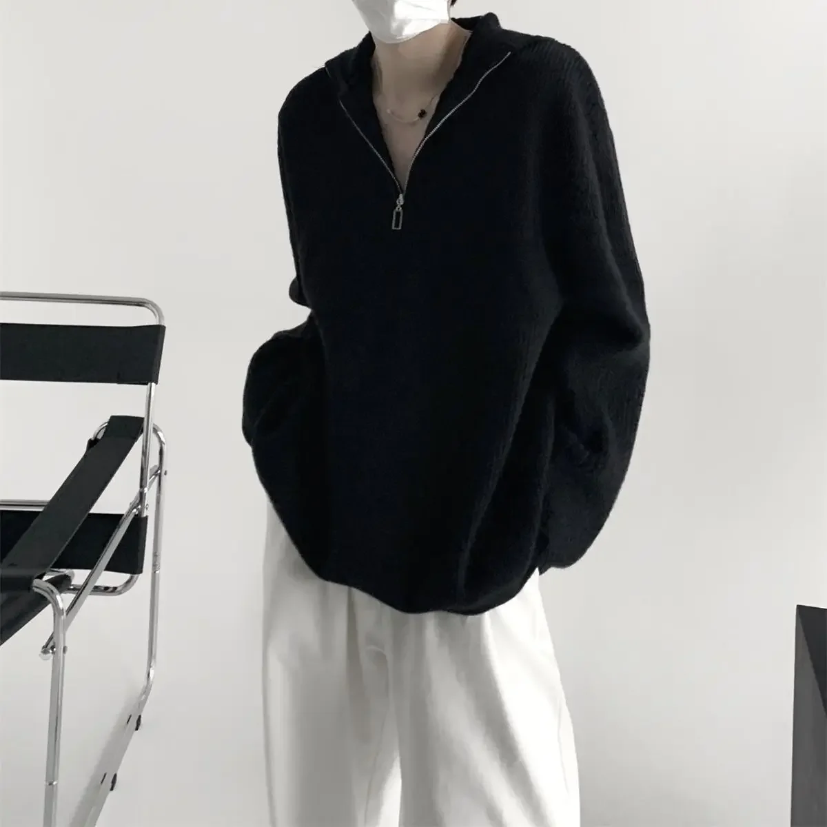 Vintageniche 남성용 니트 스웨터, 하프 집업 후드 단색, 오버사이즈 하이엔드 느낌, 레이지 풀오버, V넥 탑 재킷