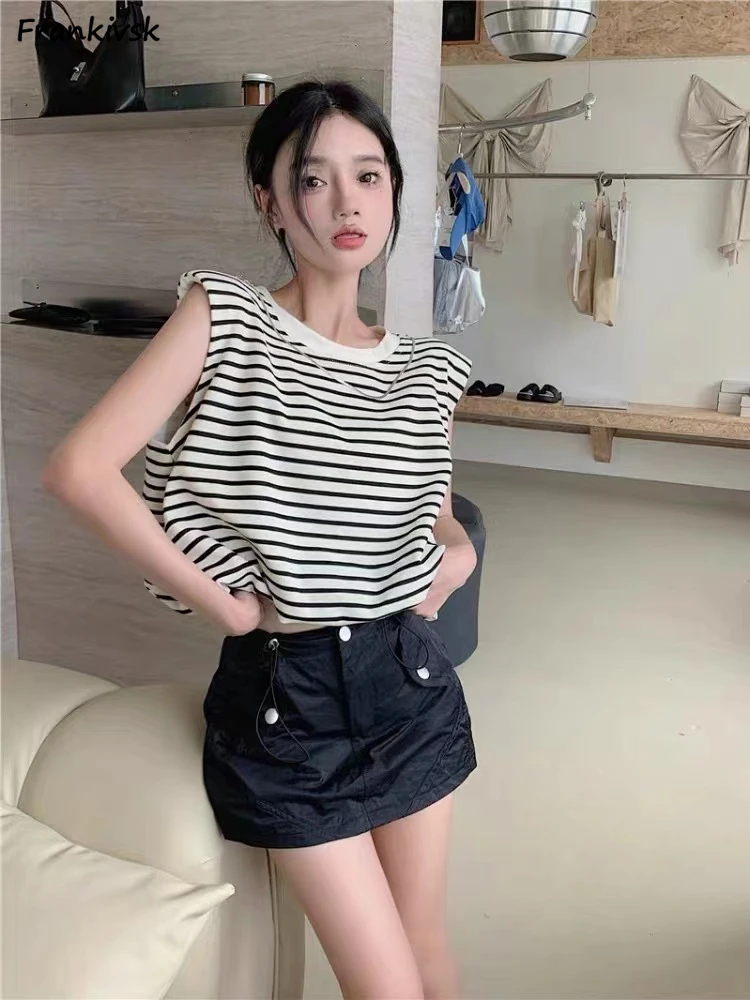 

Tanks Women Sleeveless Comfortable Striped Chic High Street Breathable Fashion Casual All-match College Summer Korean Style New