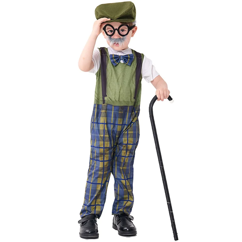 

Children Boys Girls Grandpa Plaid Pants Hat Glasses Jumpsuit Set Kids Halloween Cosplay Costumes Role Play Outfit