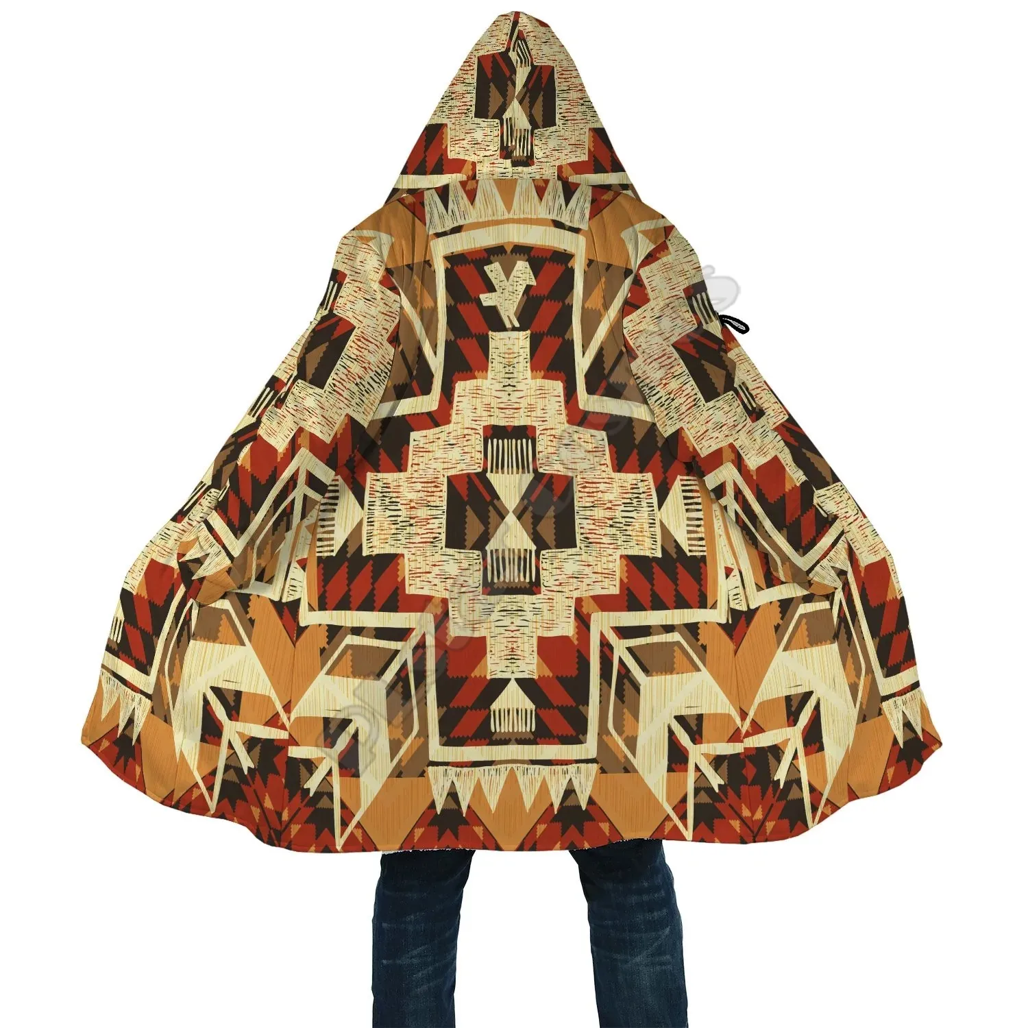 Southwest Symbol Native American Cloak 3D Printed Winter Hooded Cloaks Fleece Wind Breaker Unisex Warm Overcoat