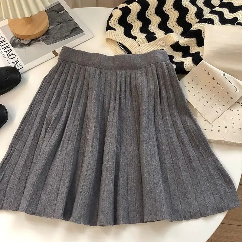 High Waist Mini Skirt Women Knitting Pleated A-line Thicken Loose Korean-style Hotsweet Girls Gentle Elegant Chic Leisure Solid 3