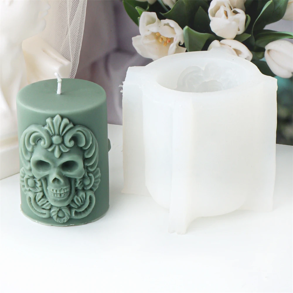 3D Relief Skull Column Candle Silicone Mold DIY Halloween Skull Post Aroma Gypsum Candle Mold Handmade Halloween Gift Decor Tool