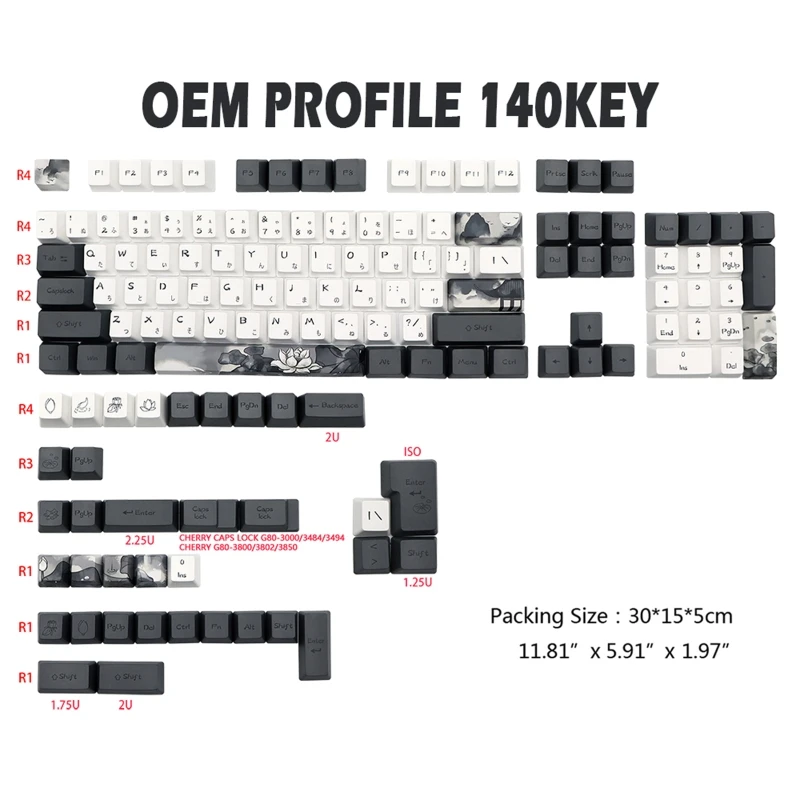 Elegante Ink Lotus Keycap Oem Altura 140 Teclas Keycaps para Interruptores mx Gk61 Rk61 68 980 108 Iso Key Dye Subb Japonês - Imagem 3