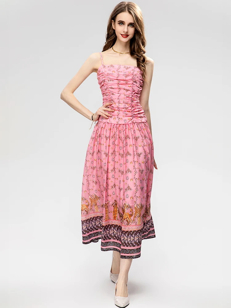 

MoaaYina Fashion Designer dress Summer Women's Dress Spaghetti Strap Ruched Floral Printing Sexy Backless Dresses
