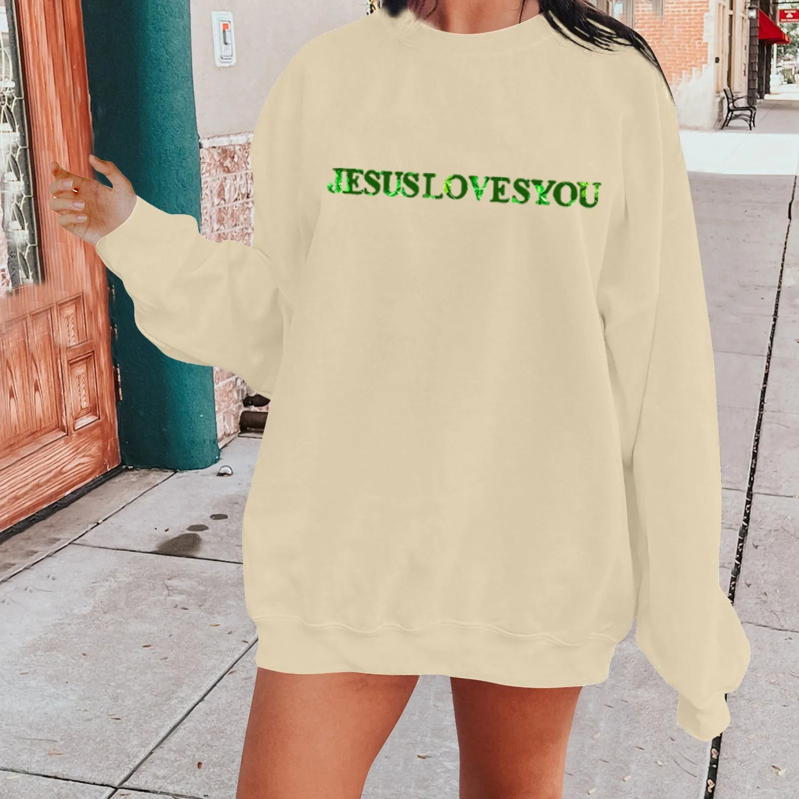 

Ladies Sweaters Women's Casual Loves You Front And Back Printed Crew Neck Long Sleeve Hoodless Hoodie Fall Clothes