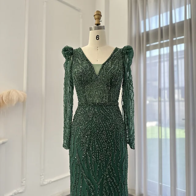 Navy Blue Mermaid Evening Dress for Women Wedding Elegant Emerald Green Long Sleeves Arabic Formal Party Gowns SCZ108 5
