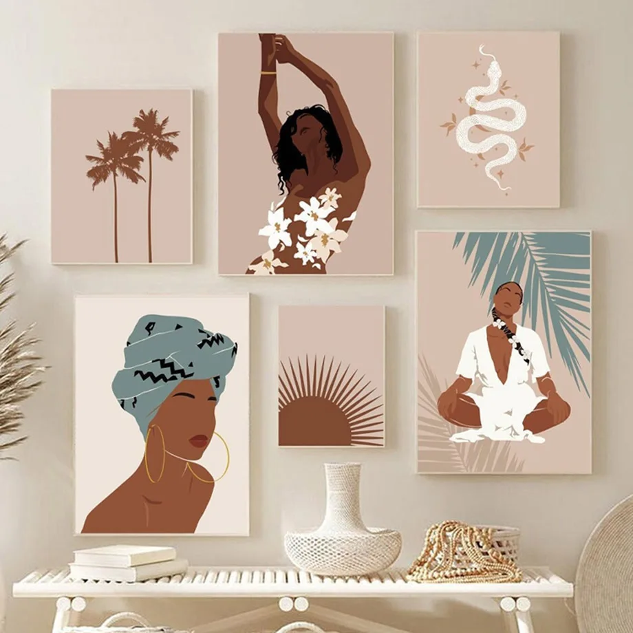 

Coconut Snake Flowers Dress Kent Head Abstract Boho Black Girl Yoga Art PostersCanvas Prints Wall Pictures Living Room Decor