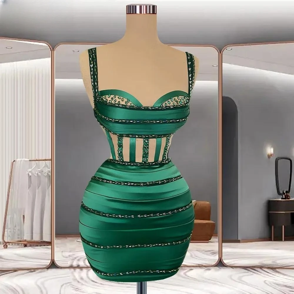 Green Cocktail Dresses Sheath Spaghetti Straps Short Mini Satin Beaded Homecoming Dresses Haute Couture Customized