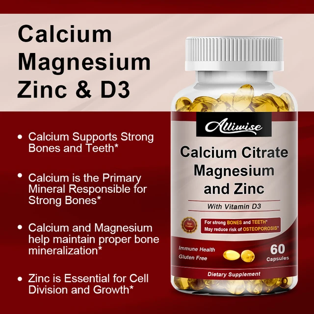 Calcium Magnesium Zinc Capsules with Vitamin D3 for Strong Bones & Nervous System Health & Promotes Cell Growth