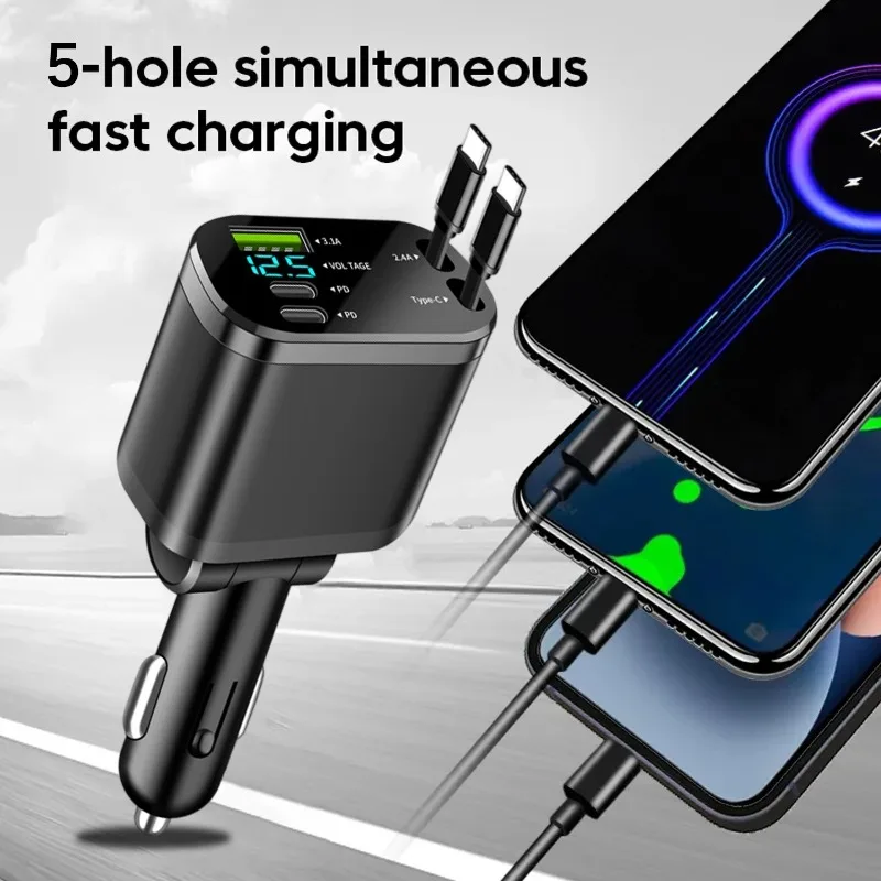 5 in 1 Retractable Car Charger 75W Fast Charging 12-24V Voltage Digital Display Dual Cables for IPhone & Android
