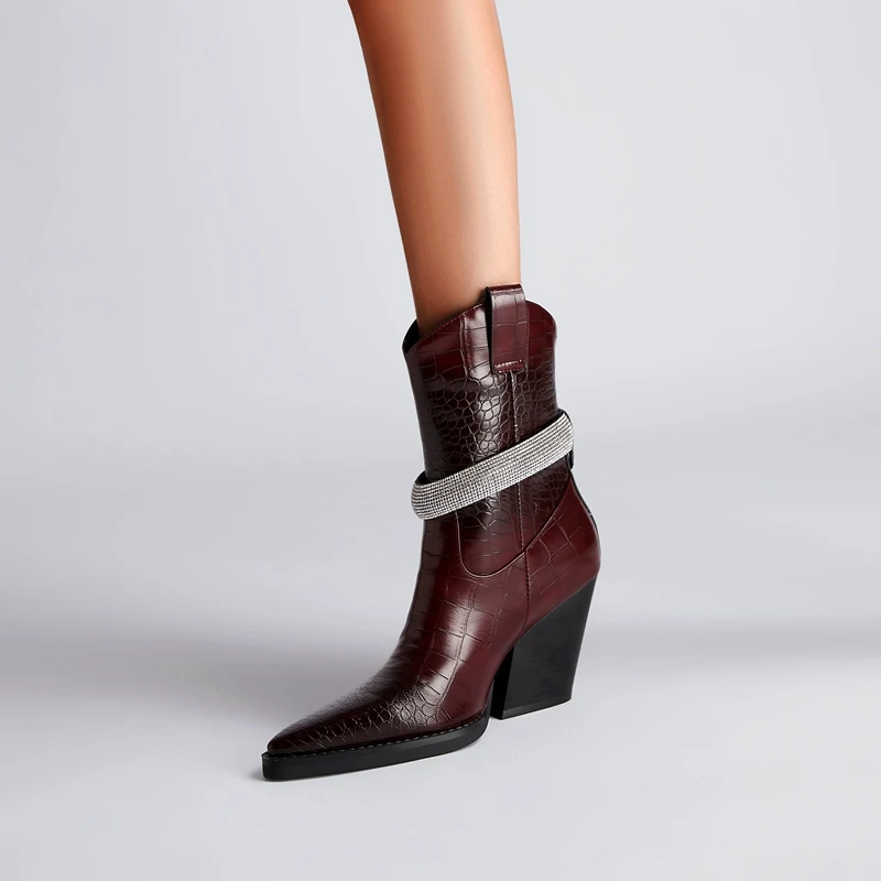 Kaky's New Pointed Stone Water Diamond Thick High Heel Large Women's Boots Short Boots Western Boots