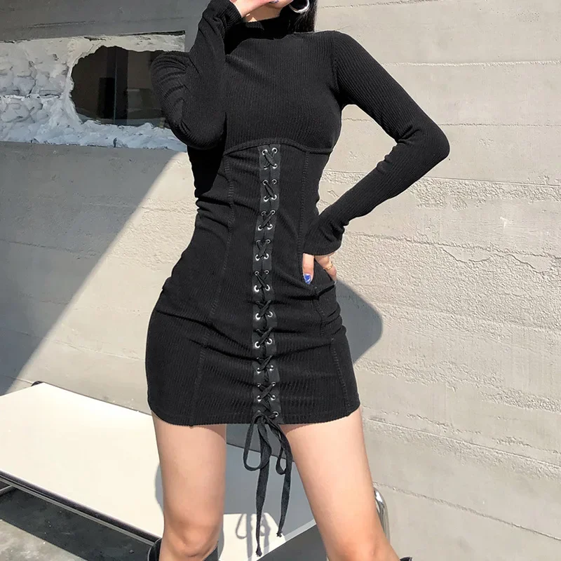 

Sexy Elegant Dress Women Dark Black Mall Goth High Waist Streetwear Bandage Slim Dress Grunge Y2k Clubwear Baroque Femme 2022