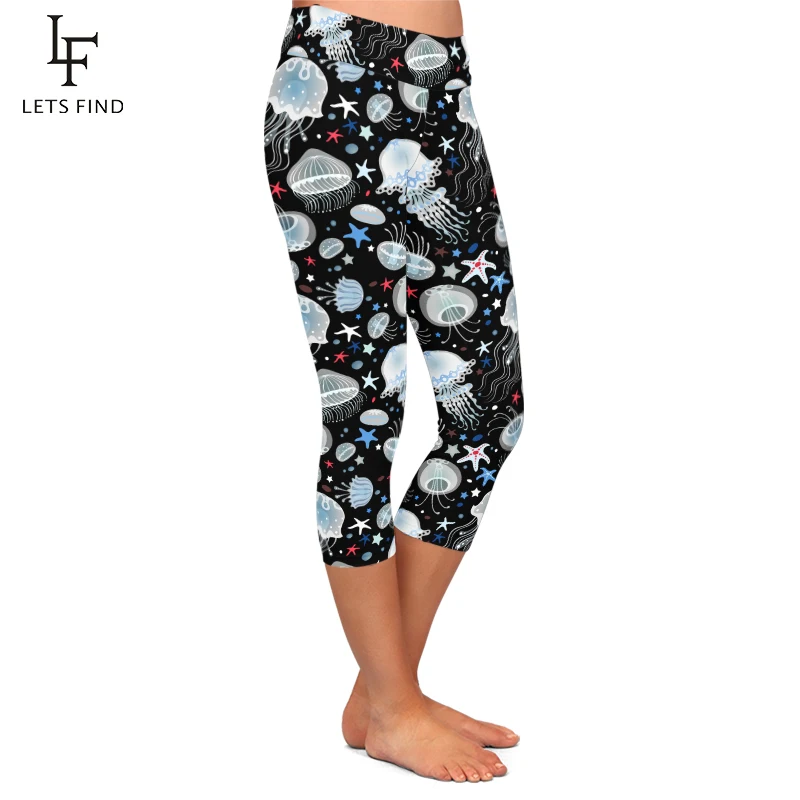 LETSFIND 2021 Summer Women Capri Pants Fashion 3D Sea Animals Jellyfish Print High Waist Mid-Calf Casual Leggings