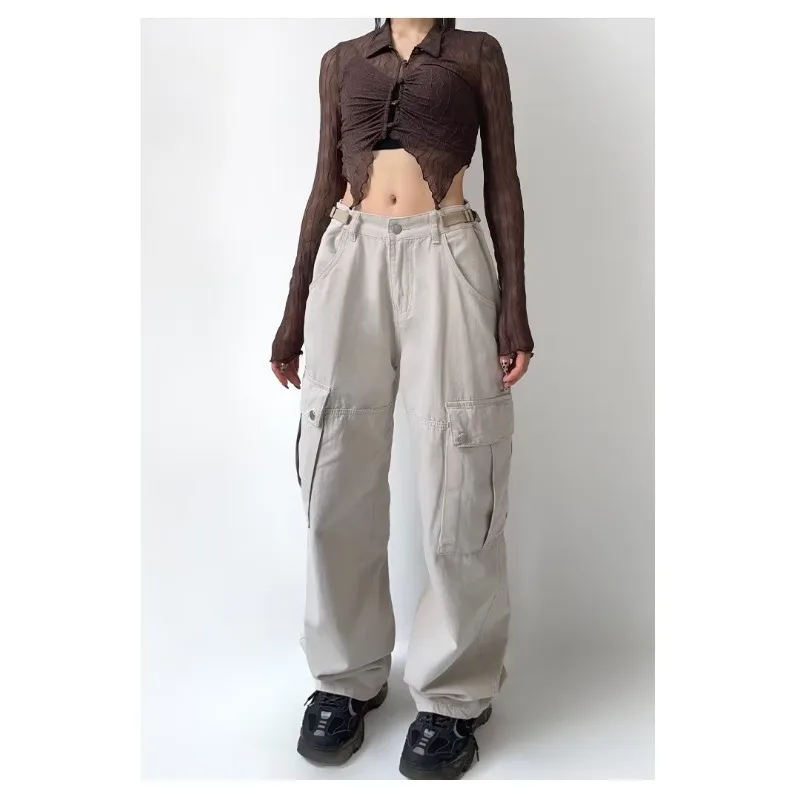 QWEEK Black Vintage Cargo Pants for Women Grunge Y2k Streetwear Oversized Pocket Trousers Korean Fashion Baggy 90s Aesthetic qweek y2k vintage black baggy jeans women streetwear grunge oversized wide leg denim pants harajuku retro 90s basic trousers