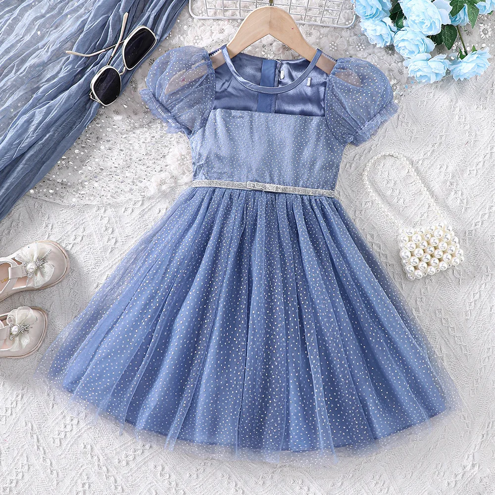 

2024 Summer New Arrival Girls Short Puff Sleeve Mesh Dot Blue Designer Cute Party Princess Dress Custume 18M-6T