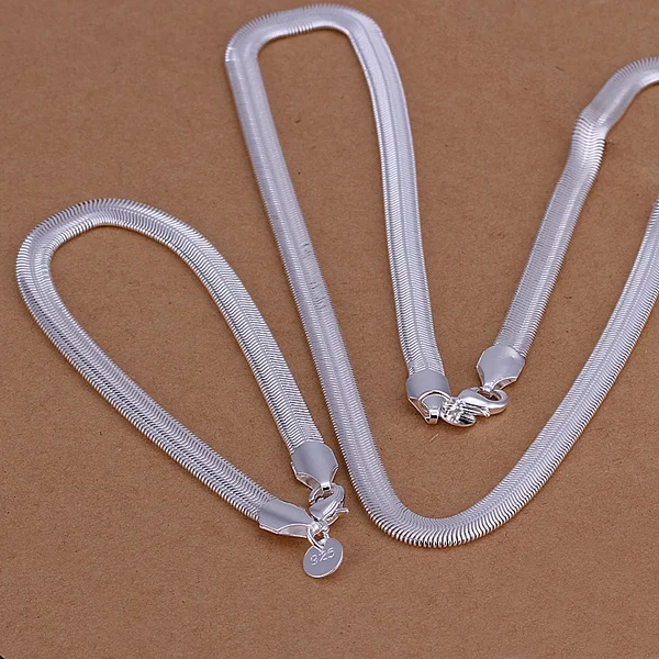 

wholesale 925 Stamped silver necklace bracelets jewelry Set 6MM flat soft snake chain fashion Silver women Mens wedding