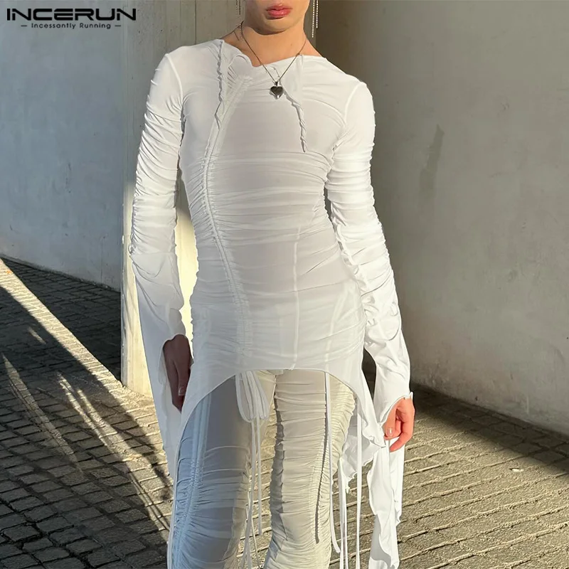 

INCERUN 2024 Men Irregular T Shirt Pleated Solid O-neck Long Sleeve Streetwear Men Clothing Drawstring Fashion Casual Camisetas