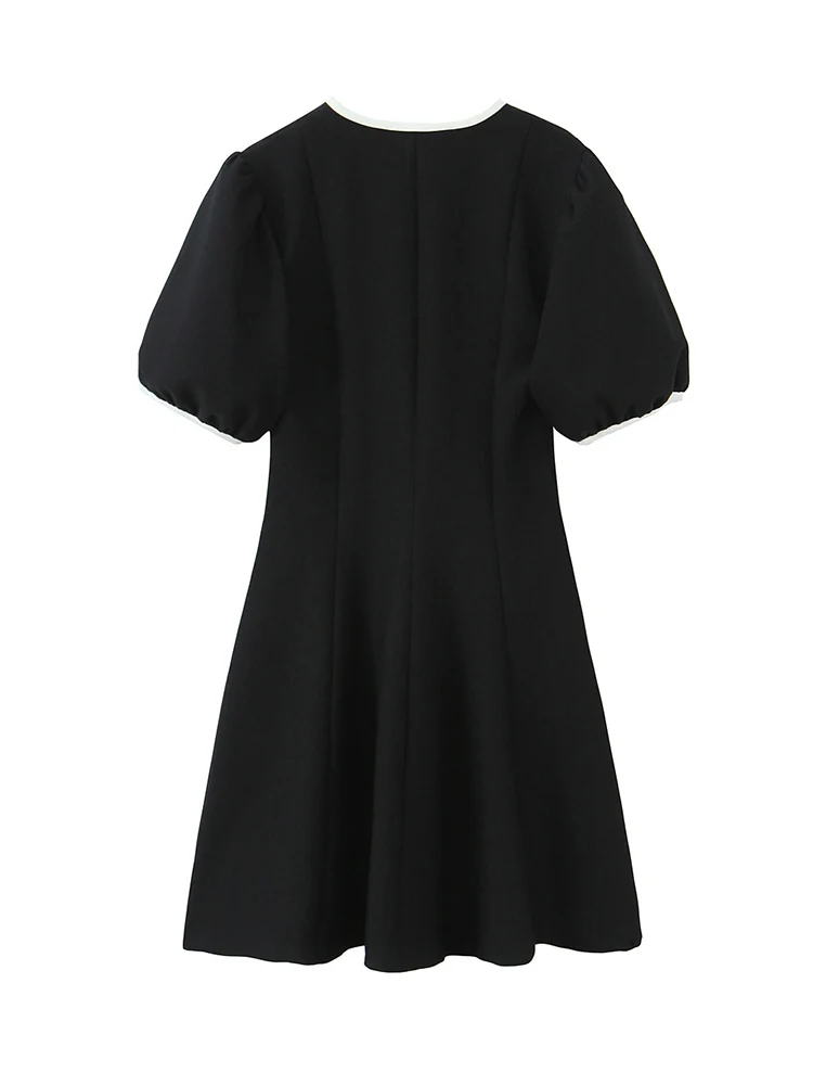 Women's Contrast Bow Short Dress Elegant Puff Short Sleeve V Neck Dress Sexy New Style Female Fashion Party Casual Mini Dress