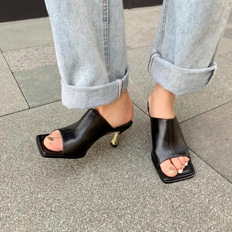 Korea cowhide fashion snake pattern slippers female Europe & USA flat head high-heeled slippers 2024 spring & summer new models