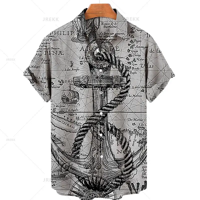 thumbnail image 1 of Camisa hawaiana retro unisex para hombre, camisa de talla grande, camisa retro con estampado 3D de velero y brújula marina, camisetas holgadas de manga corta para hombre, 1 of 5