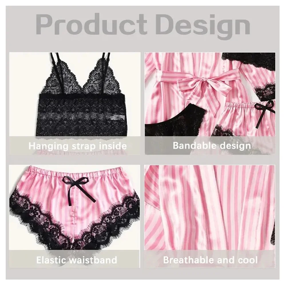 Women Pajamas Set Summer Fashion Comfortable Nightwear Lace Satin Silk Sleepwear Robe Sexy Pajama Pants Home Clothes