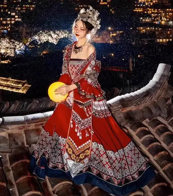 Chinese Hmongb Dress Women Miao Suit Spring New Young Red Coat Skirt Tops
