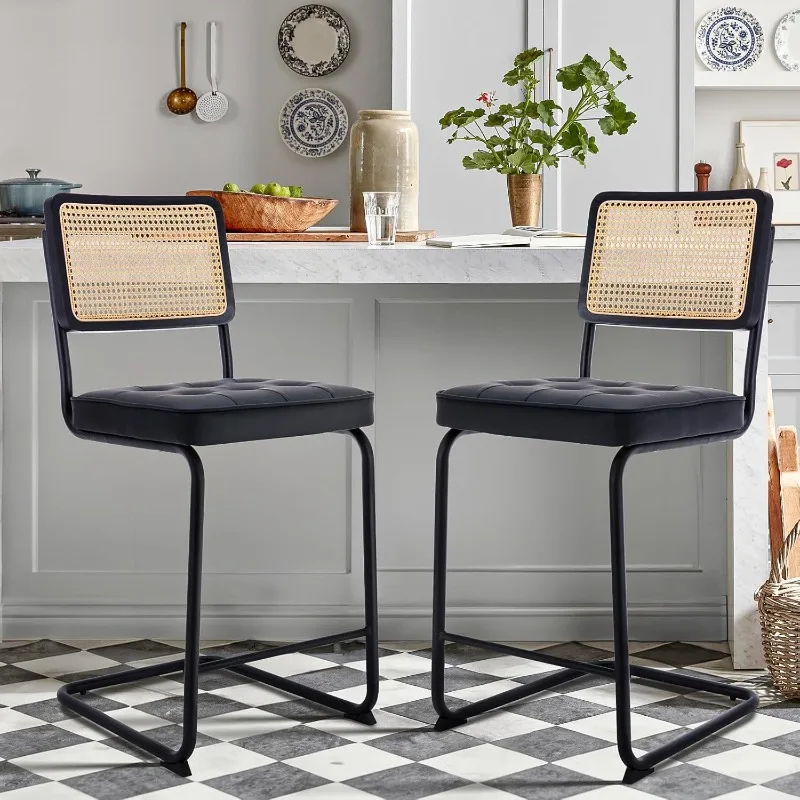 

Mid Century Modern Barstools Set of 2, 24" PU Leather Rattan Bar Stool Chairs with Sturdy Metal Frame, Cafe - Black
