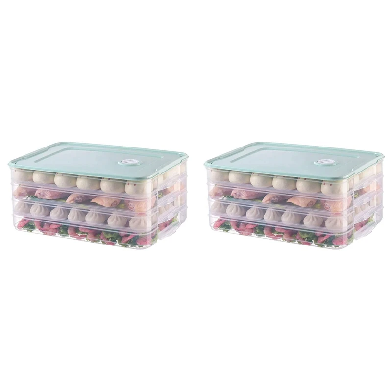 

2X Four Layer Dumpling Boxes Storage Tray Food Container Box To Keep Freeze Dumpling Storage Plastic Boxes Cool,Green