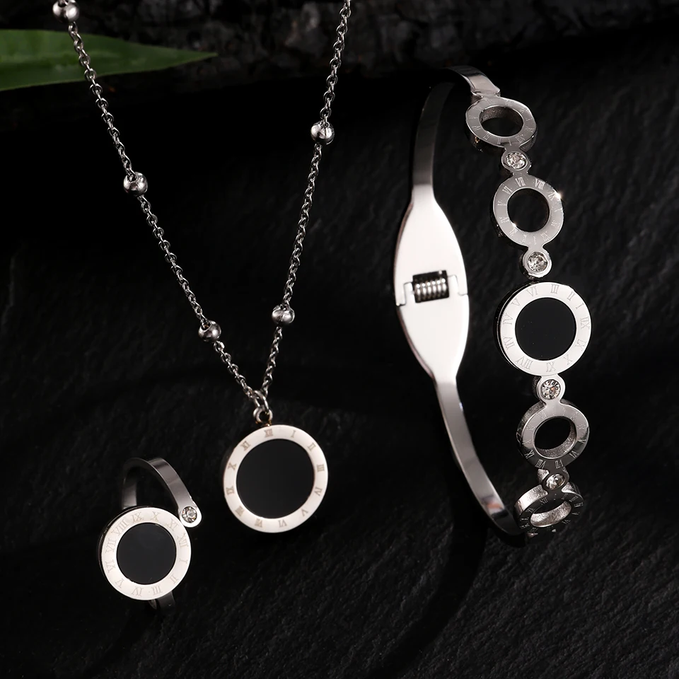 ZAKOL 3Pcs Fashion Roman Numerals Bracelet Ring Necklace Sets for Women Black Shell Hollow Circle Inlaid Zircon Jewelry Gift 5