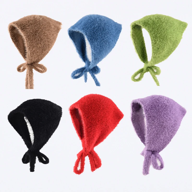 New French Triangular Scarf Autumn and Winter Warm and Plush Knitted Headscarf Women Sweet Cute with Straps Headband