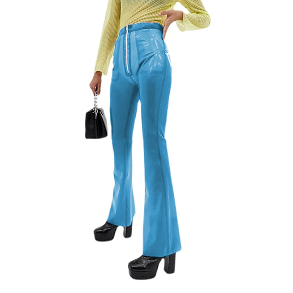 Sexy Transparent High Elastic Waist Flare Pants Latex Leggings flared legs front zipper pink and black Bell Rubber Bottom Pants