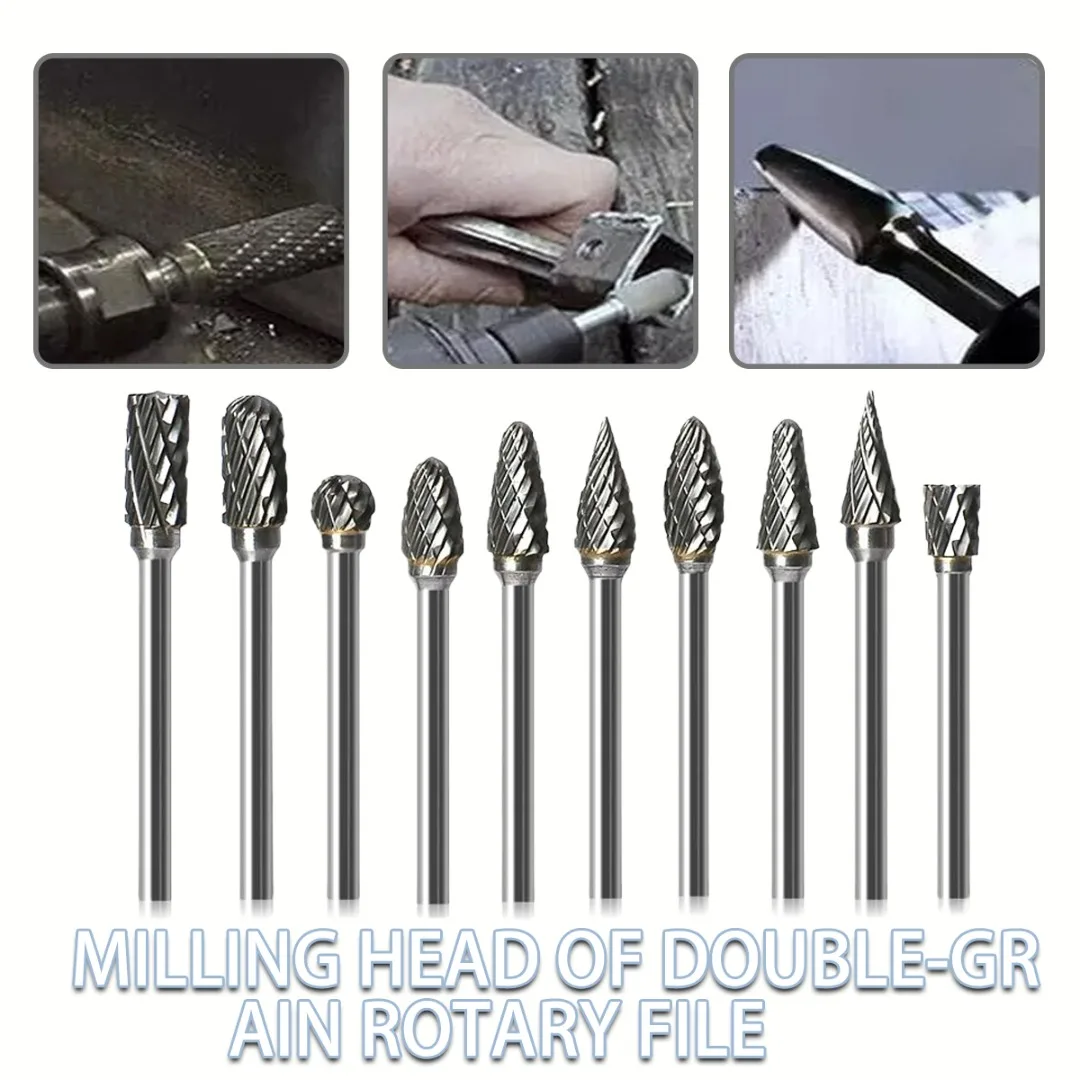 

10pcs Tungsten Carbide Burrs Set Rotary Grinder Burr Double Single Cut Rotary Bit Woodworking Electric Grinding Cut Dremel Tools