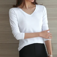 Women Long Sleeves T-shirt Bottoming Shirt Round Neck or V Neck Shirt Black White Solid Color Top Homewear T-shirt