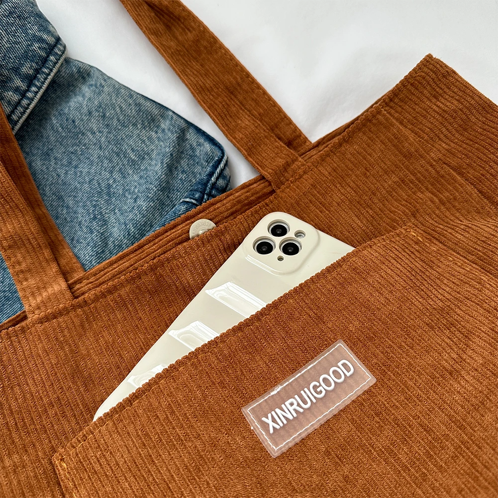 Women Corduroy Tote Bag with Pockets Compartments Cord Tote Bag Solid Hobos Bag Handbags for School Work Shopping