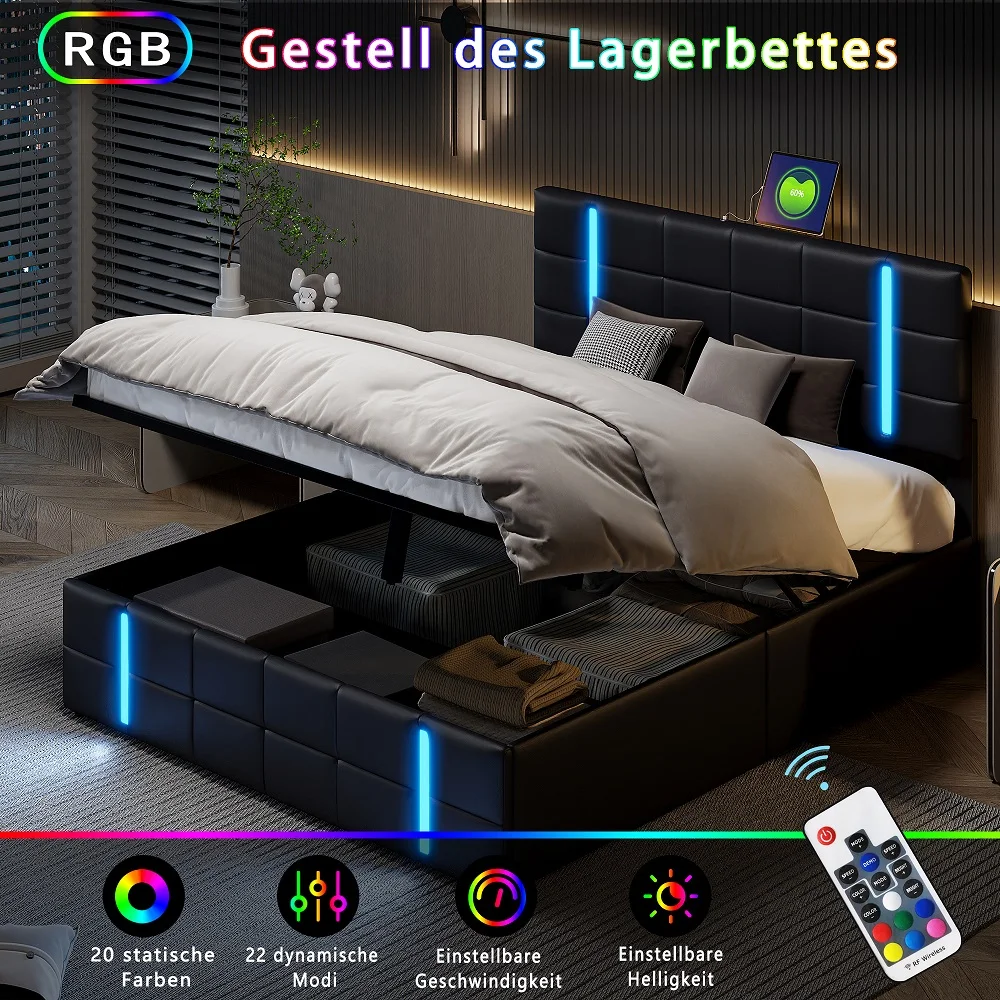 Letto imbottito in PU Lazyspace, struttura letto contenitore sollevabile, 2 porte USB + luce LED, mobili moderni per la camera da letto di casa 140/160x200 cm 2