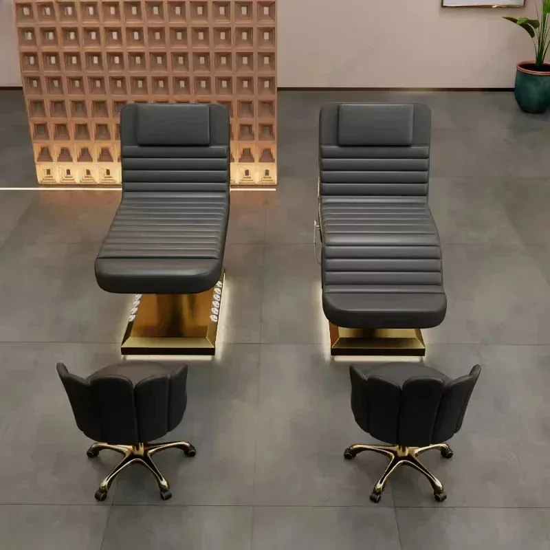 2026 핫 세일 럭셔리 뷰티 살롱 전동 미용 침대 3 모터 골드 스테인리스 스틸 베이스