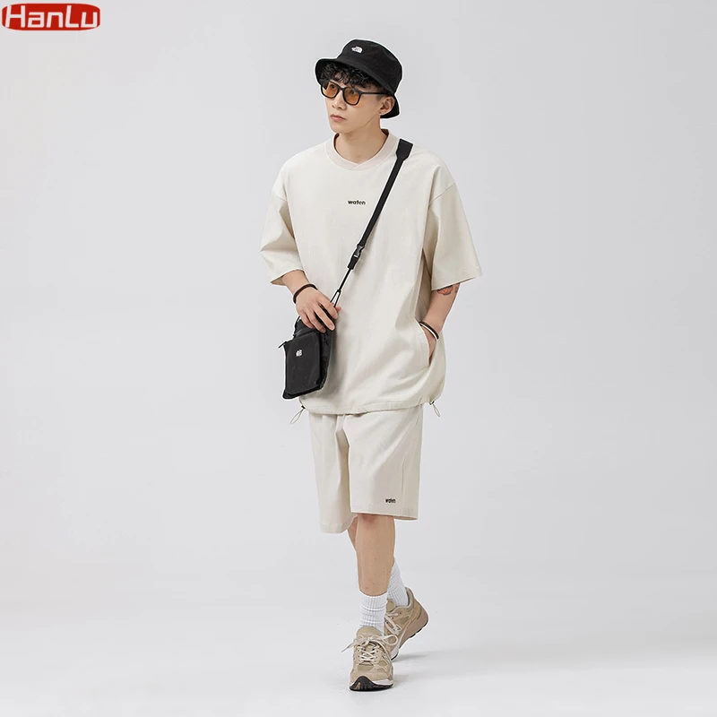 Summer New 2pcs Men's Sets Baggy Short Set Clothing Loose  Cross threaded drawstrin T Shirts /Shorts Stylish Oversize Streetwear