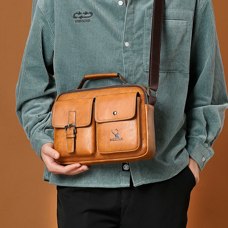 

Shoulder Bag for Man PU Leather Male Vintage Messenger Briefcase Handbag Business Tote Boston Breifcases Square Crossbody Bag