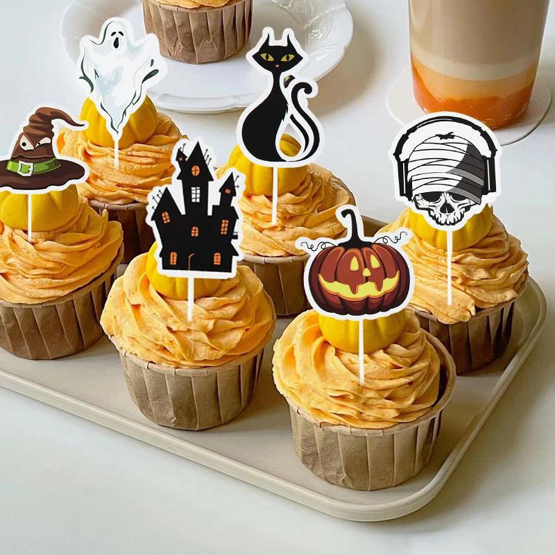 

12pcs/24pcs Halloween Cupcake Topper Ghost Pumpkin Skull Head Pattern Cake Decor Halloween Party Baking Dessert Accessories Tool