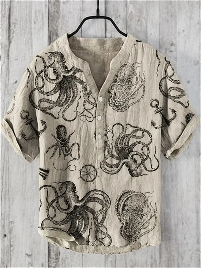 Casual short sleeved Hawaiian linen shirt with cat print Spring and summer