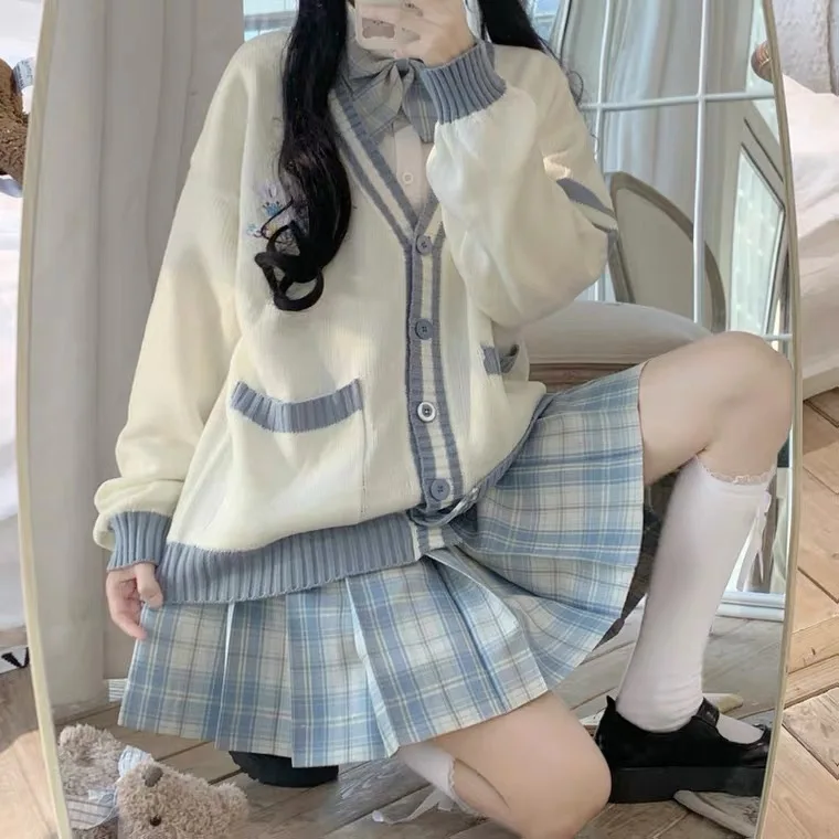 White shirt + bow tie + plaid skirt two-piece set