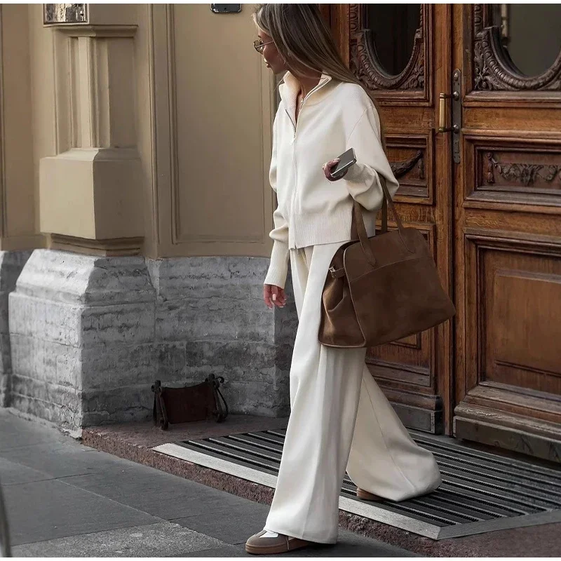 Knitted Pants Sets Women Stand Collar Zipper Cardigan Loose High Waist Pants Suits Autumn Winter New in Matching Outfits