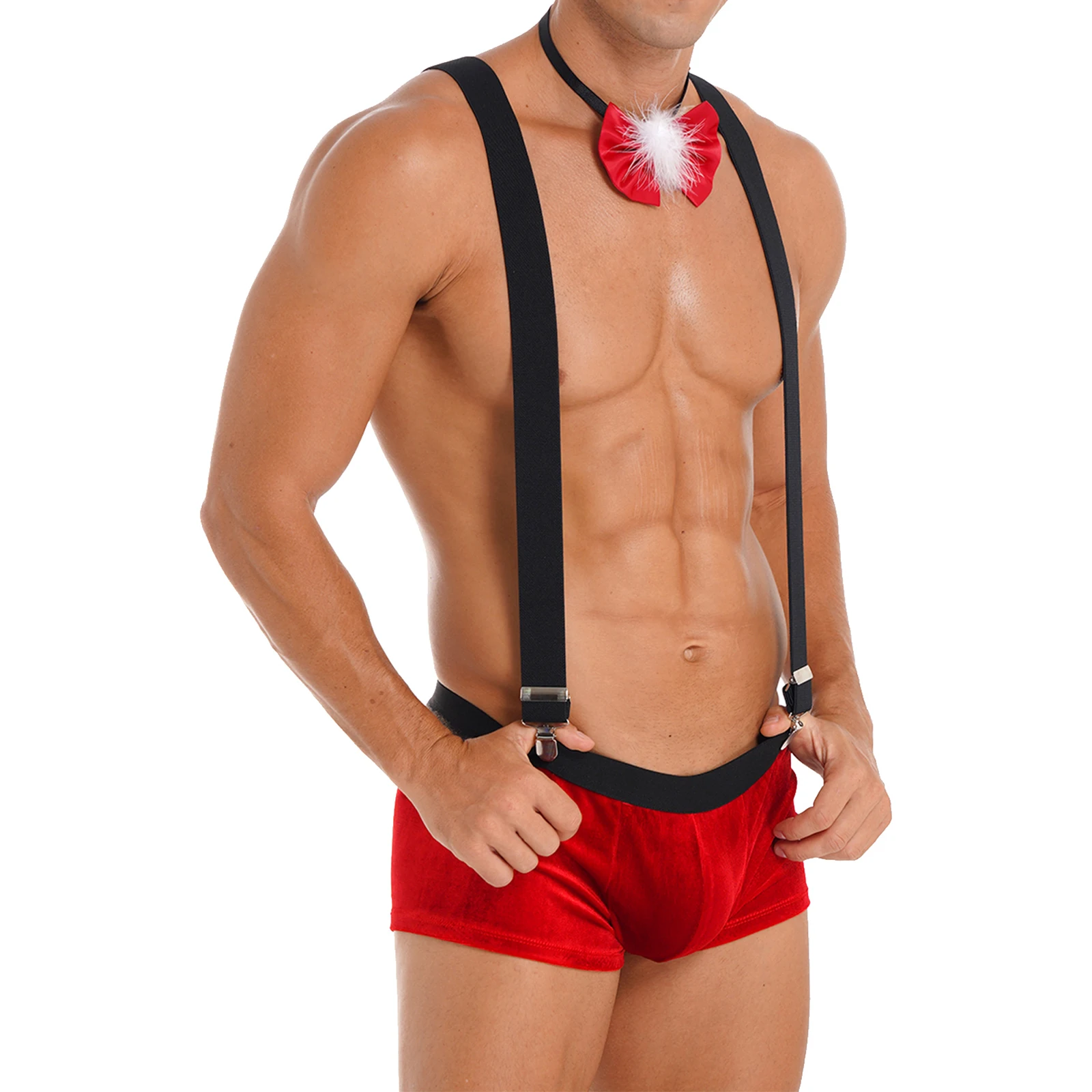 Mens Xmas Costume Santa Claus Christmas Cosplay Party Outfit Low Rise Bulge Pouch Velvet Boxer Shorts with Suspenders Bow Tie