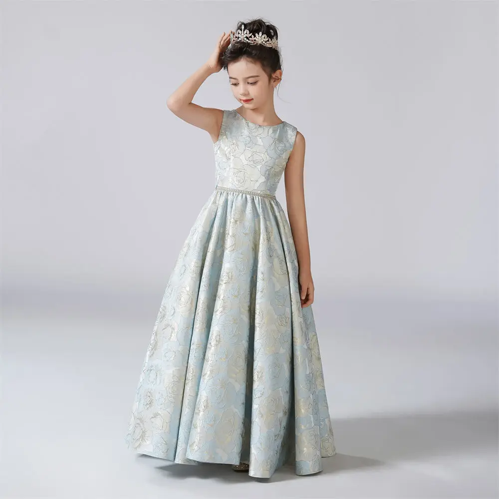 Dideyttawl O-Neck Dress For Girl A-Line Rose Pattern Flower Girl Dresses Sleeveless Kids Birthday Formal Princess Gowns