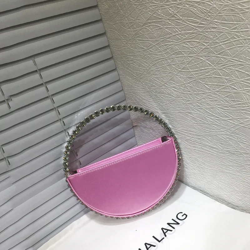 

2023 Silk Circular Evening Bag Women Crystal Round Handle Rhinestone Dinner Clutch Purse Party Wedding Ladies Half Moon Handbags