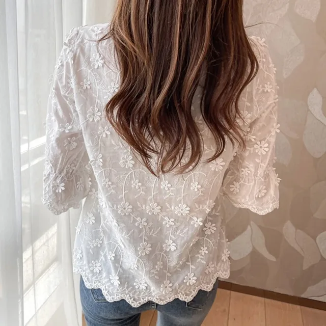 Women's Cotton Short Sleeve Lace Blouse, Summer Tops, Embroidery Floral, White Shirt, Fashion Casual Blouses, 9638 3