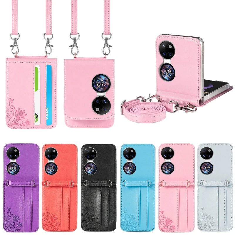 

Fashion Embossing Flower Leather Multi Card Wallet Flip Cover For Huawei Pocket S P50 Pocket Retractable Lanyard Fold Phone Case