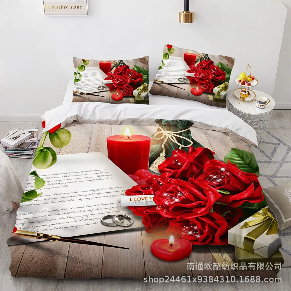 

Romantic Red Rose Bedding Set Valentine's Day Duvet Cover Polyester Comforter Cover with Pillowcase for Couple Bedroom Decor 3pc